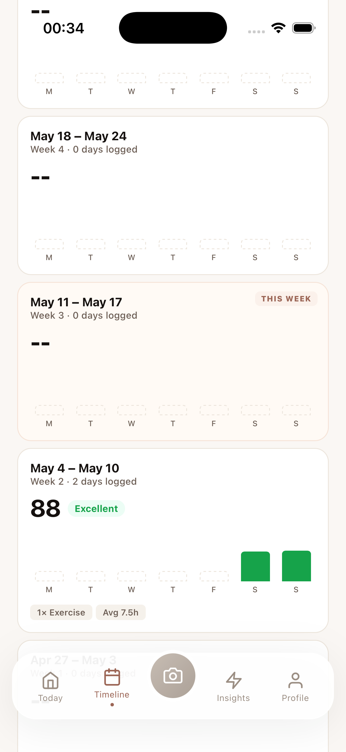 ClearTrace today screen — Good morning, factor log, daily streak